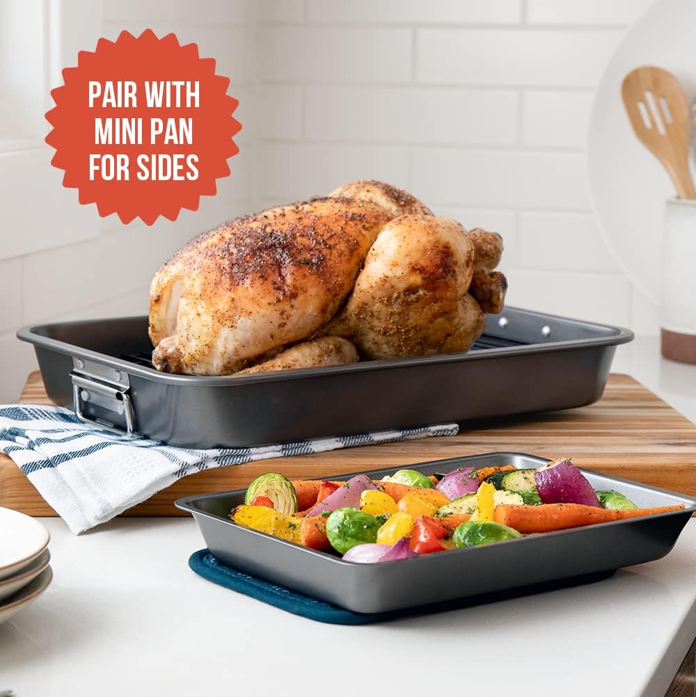 Chef Pomodoro Deluxe Large Carbon Steel Roasting Pan with U-Rack, 18.5