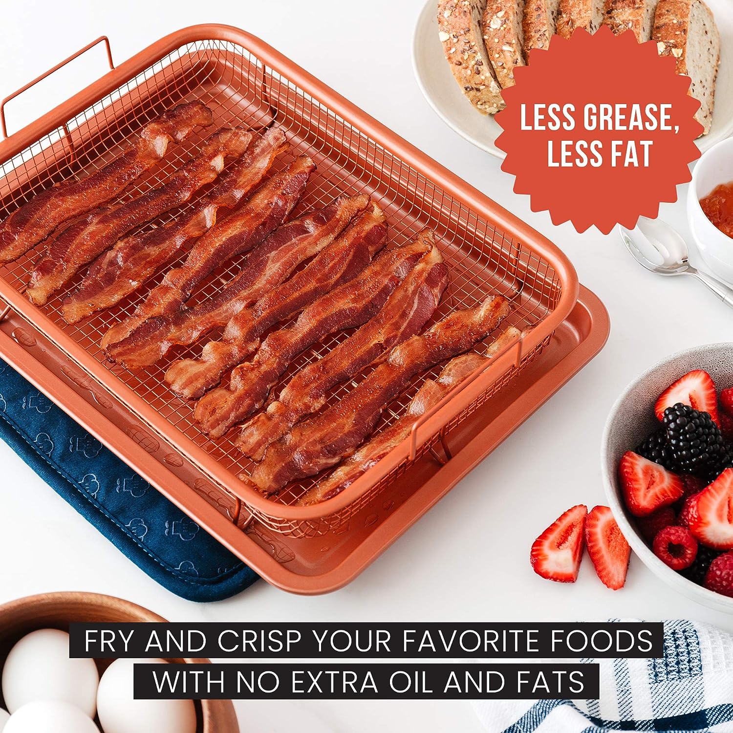 EaZy MealZ Air Fry Crisper Basket, Bacon Rack, Bake Pan 3-Pc Set Non-Stick  Coating for Air Fryer & Toaster Ovens, Copper