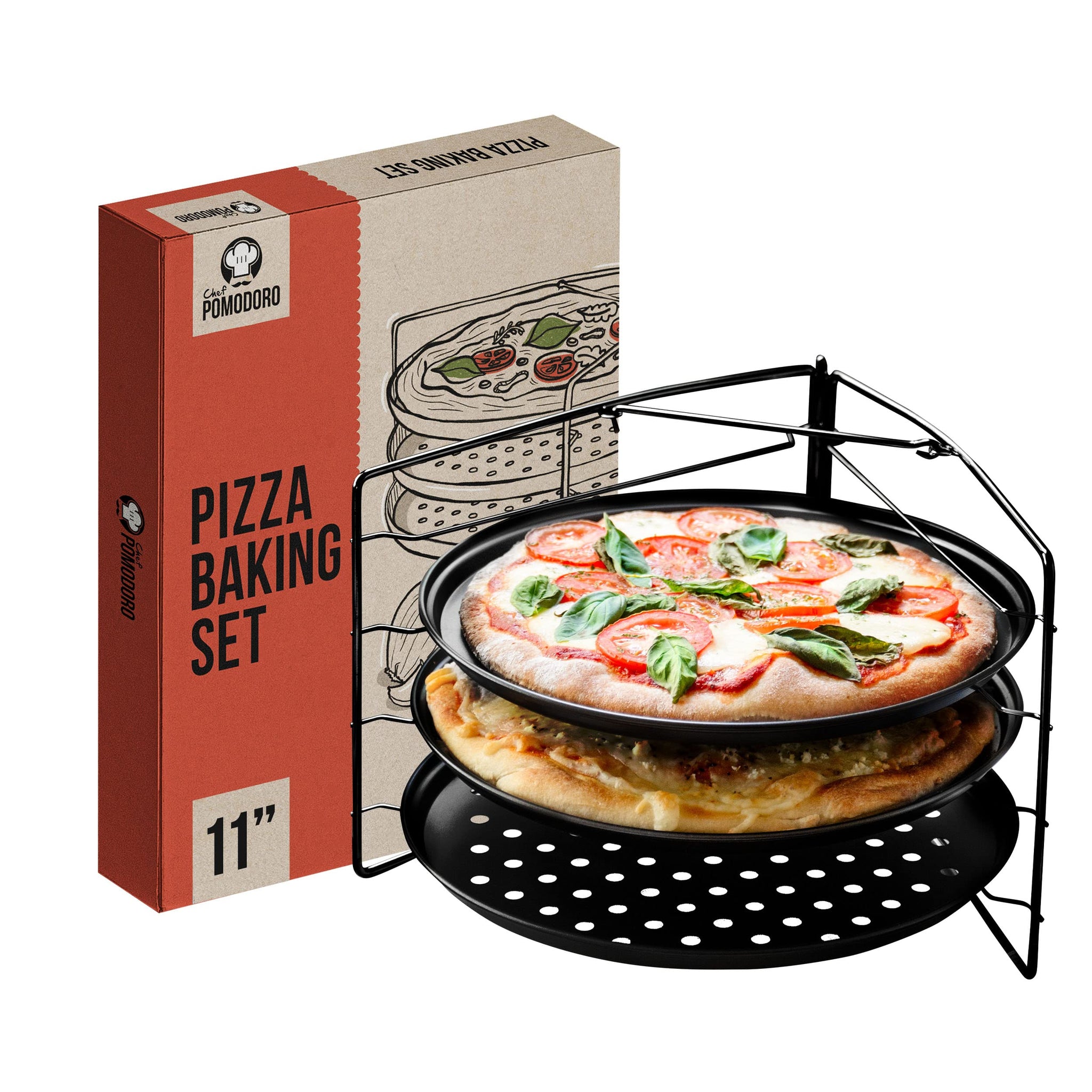 Chef Pomodoro Pizza Baking Set with 3 Pizza Pans and Pizza Rack, (11-Inch  Pans), Non-stick Perforated Pizza Trays for Oven, Grill, Pizza Pan with